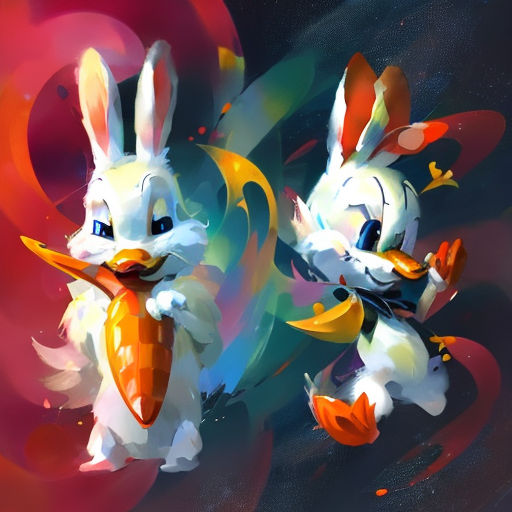 two rabbits are flying through the air with colorful shapes in the background and a black background with a red, yellow, and blue design