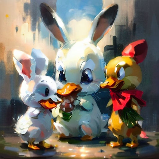 a painting of three little ducks and a bunny with a bow on their head and a duckling on their chest