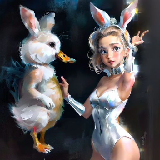 a woman in a bunny suit holding a duck in her hand and a duck in her other hand with a duck in her other hand