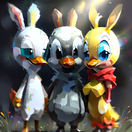 three little birds standing next to each other on a field of grass with a bright light behind them and a black background