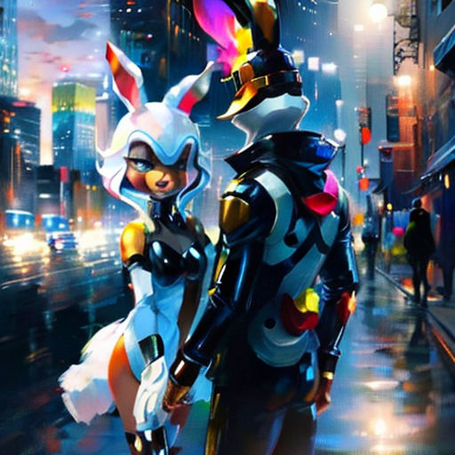 a couple of people standing next to each other in a city at night with neon lights on the buildings