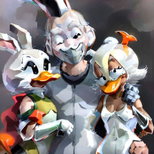 a group of cartoon characters standing next to each other in front of a black background with a white rabbit