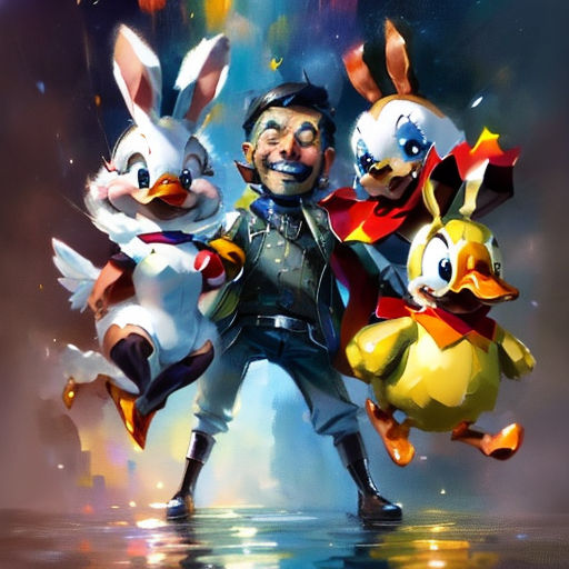 a man standing next to a group of cartoon animals on a stage with a microphone in his hand and a microphone in his mouth