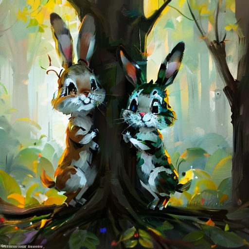 two rabbits are sitting in the woods by a tree with leaves on it and one is looking at the camera
