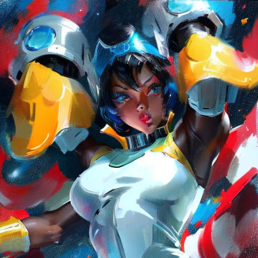 a woman in a white shirt and yellow gloves with a gun in her hand and a red and blue background
