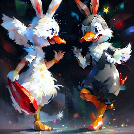 two cartoon rabbits are dancing in the dark with stars in the background and a black background with a white rabbit and a red bag