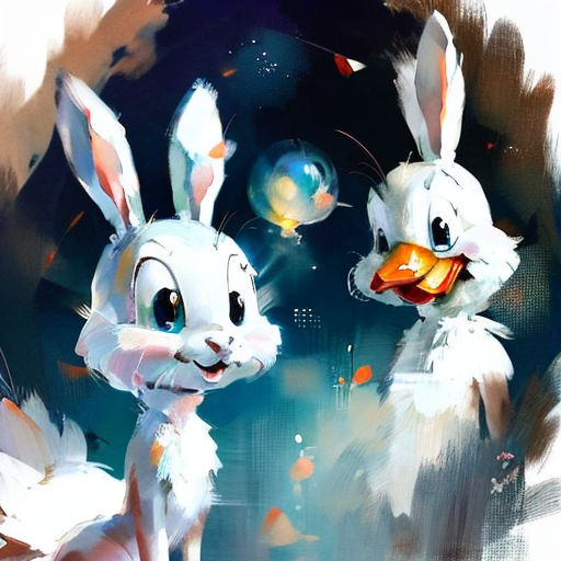 a painting of two rabbits with a bird in their mouth and a fish in their mouth, with a background of bubbles