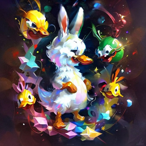 a rabbit surrounded by other cartoon characters in a space scene with stars and a star background, with a black background