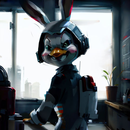 a cartoon rabbit with a headphones on in a kitchen with a window behind it and a potted plant