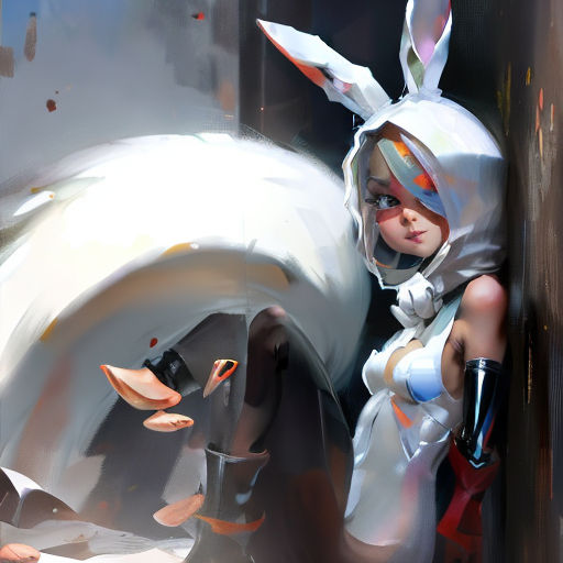 a painting of a girl dressed as a bunny with a gun and a gun in her hand and a white rabbit costume