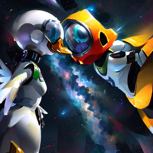 two cartoon characters are in space with a bright background and stars in the background, one is looking at the other