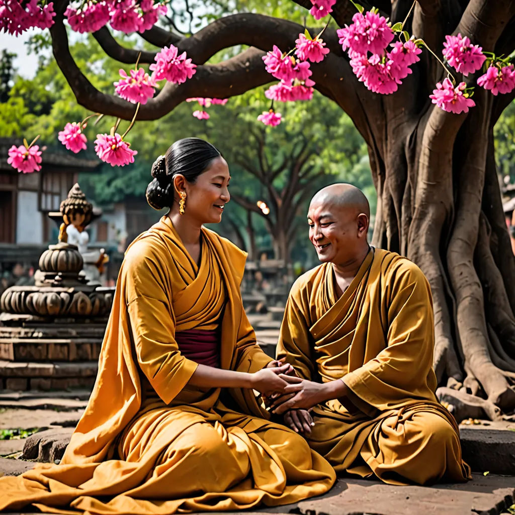 a man and woman sitting under a tree with pink flowers on it's branches and a man in a yellow robe sitting next to them, cloisonnism, a stock photo, Fang Congyi, promotional image