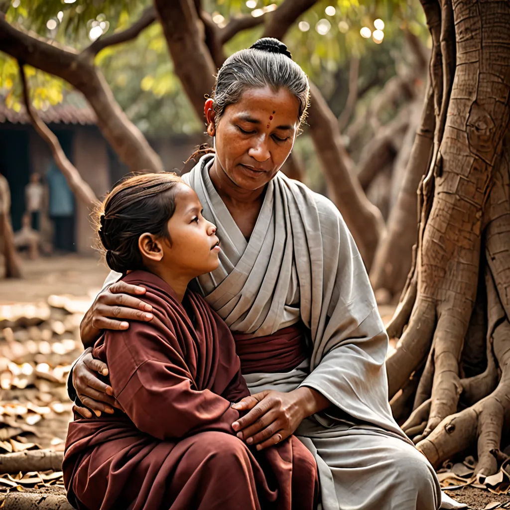 a woman sitting next to a child in a forest with trees in the background and a hut in the background, samikshavad, a poster, Ella Guru, promotional image