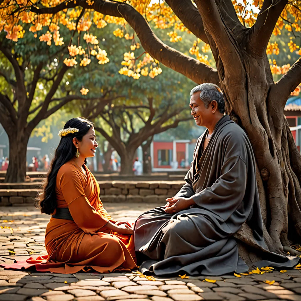 a man and woman sitting on a stone floor next to a tree with yellow leaves on it and a red blanket, art & language, a stock photo, Fang Congyi, promotional image