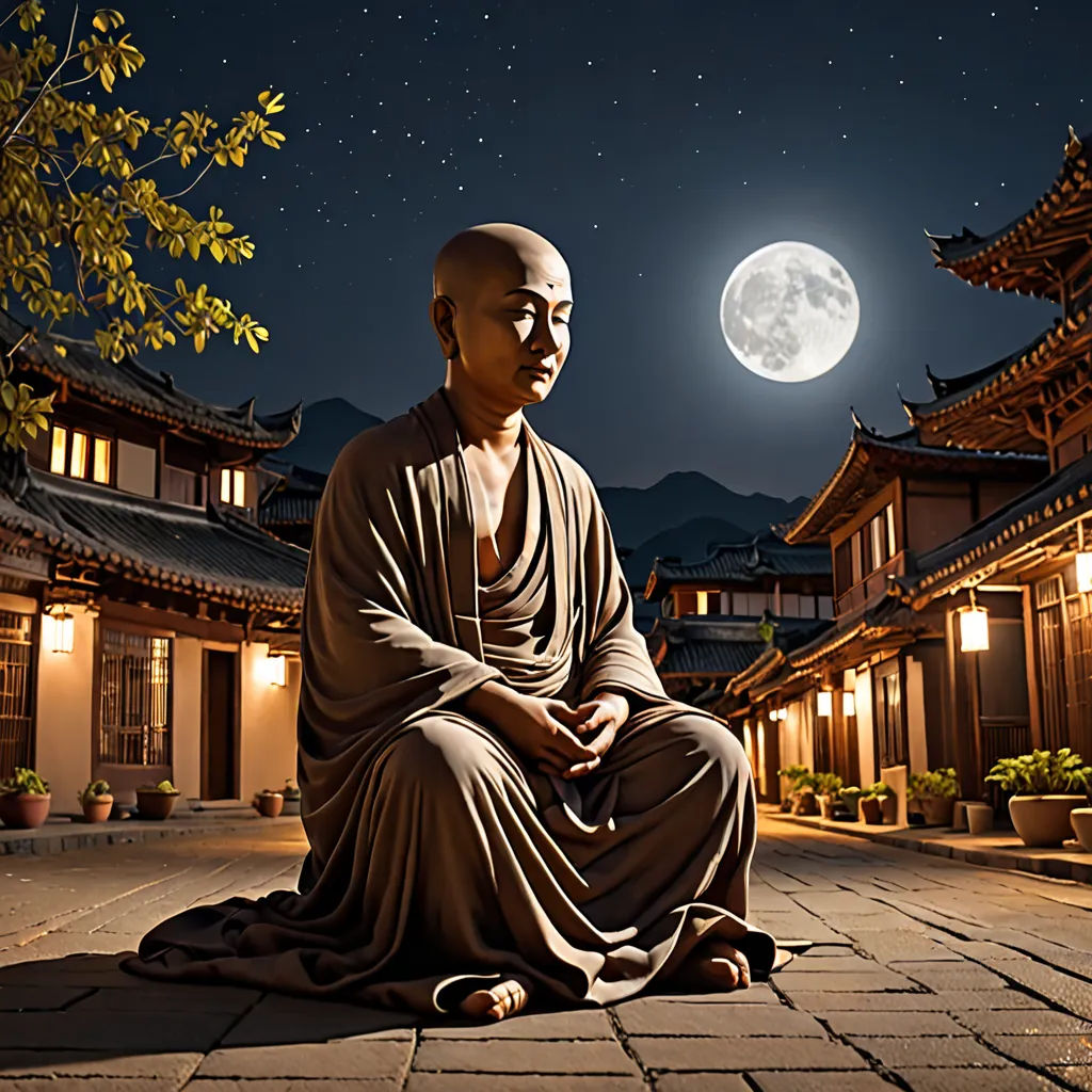 a buddha statue sitting in front of a full moon in a courtyard of a building with a full moon in the background, dau-al-set, a statue, Eishōsai Chōki, full moon