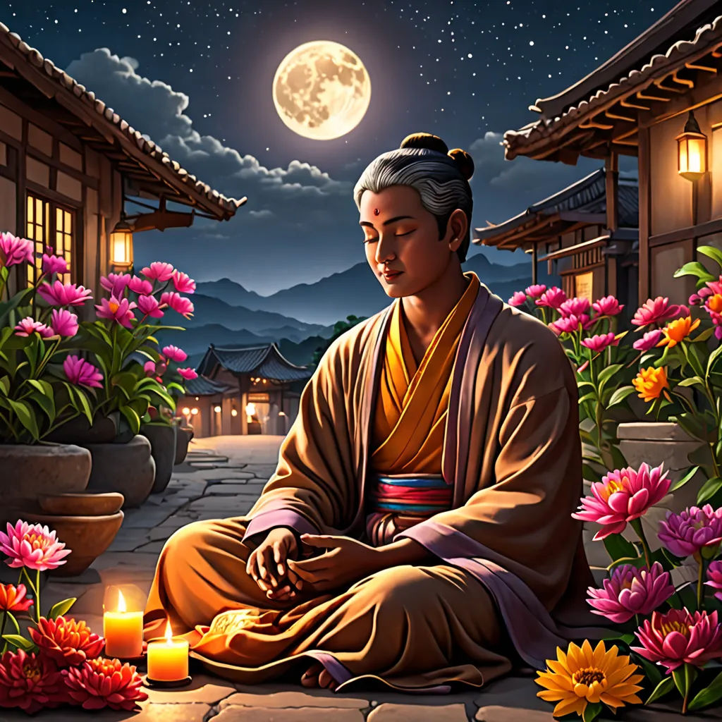a man sitting in front of a full moon with a candle in his hand and flowers around him and a full moon in the sky, fantasy art, a storybook illustration, Eishōsai Chōki, highly detailed digital painting
