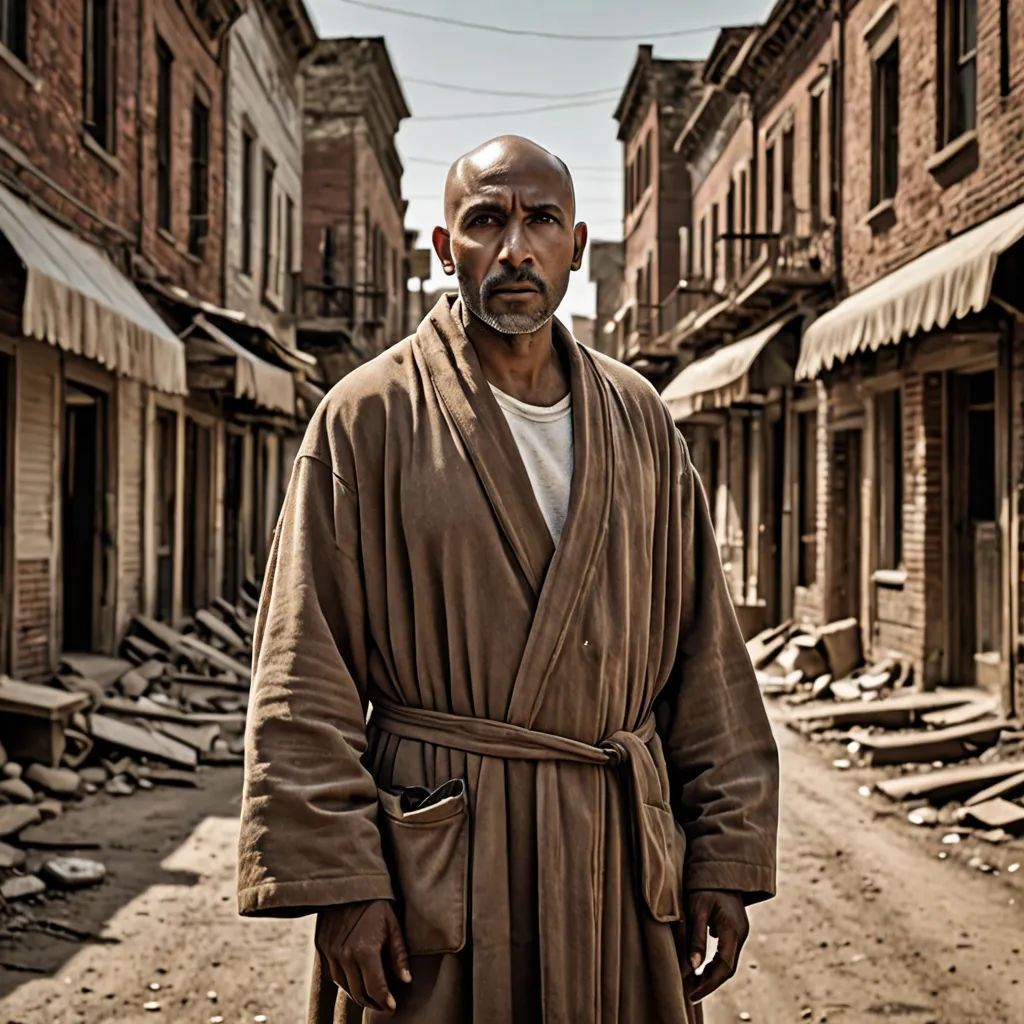 a man in a robe standing in a street in a city with buildings and debris on the ground and a street light, harlem renaissance, a character portrait, Christopher Perkins, promotional image