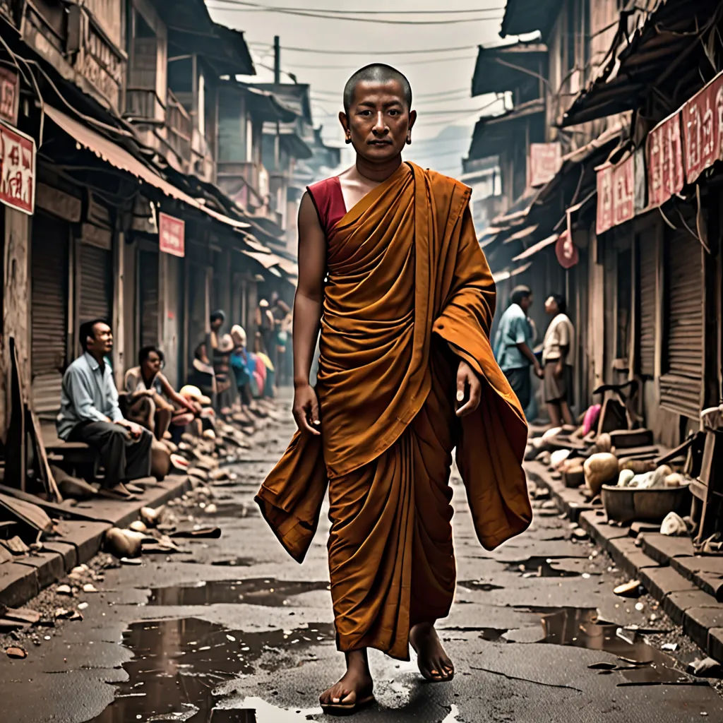 a man in a monk outfit walking down a street in a slum area with people sitting on the sidelines, art photography, a character portrait, Fang Congyi, cinematic photography