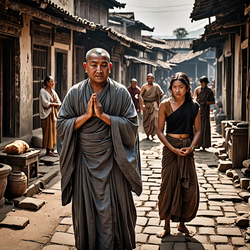 a man and woman walking down a street in a village with a monk statue in the foreground and a man in the background, art photography, a detailed matte painting, Fang Congyi, cinematic photography