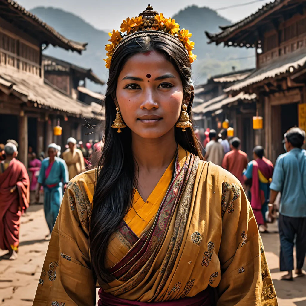 a woman in a yellow dress and a crown on her head in a village with people walking around her, cloisonnism, a detailed matte painting, Fang Congyi, cinematic photography