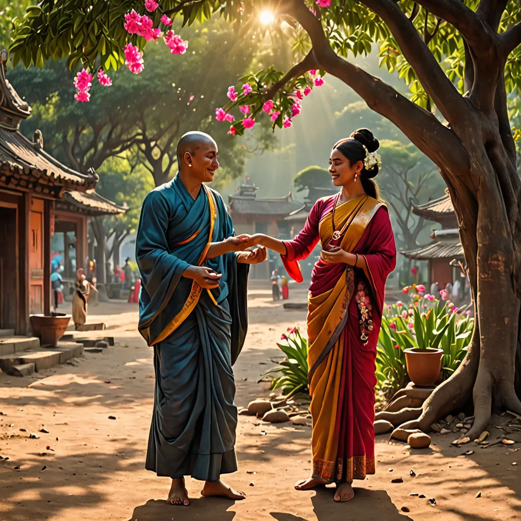 a man and woman in traditional chinese clothing standing in front of a tree with pink flowers in the background, samikshavad, a stock photo, Art & Language, cinematic photography