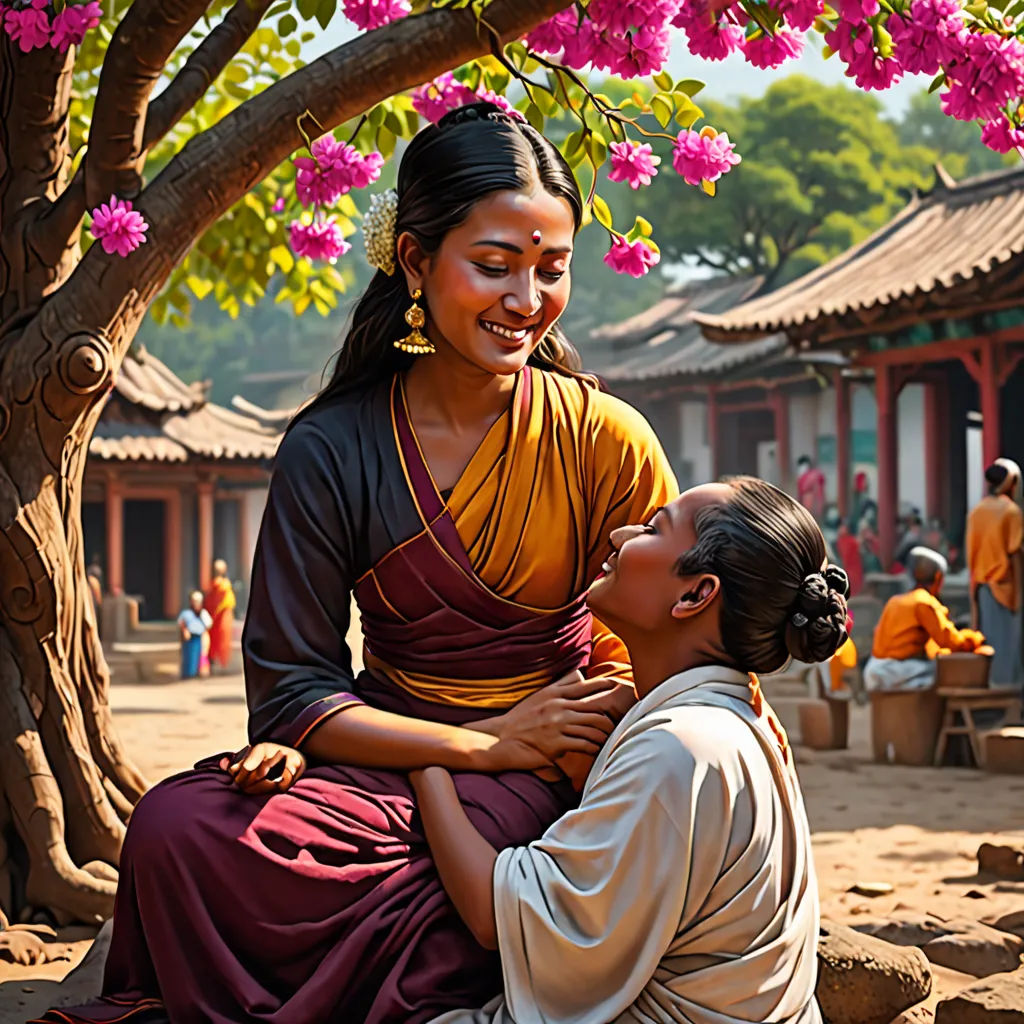 a woman sitting next to a man under a tree with pink flowers on it's branches in a courtyard, bengal school of art, a detailed matte painting, Ella Guru, highly detailed digital painting