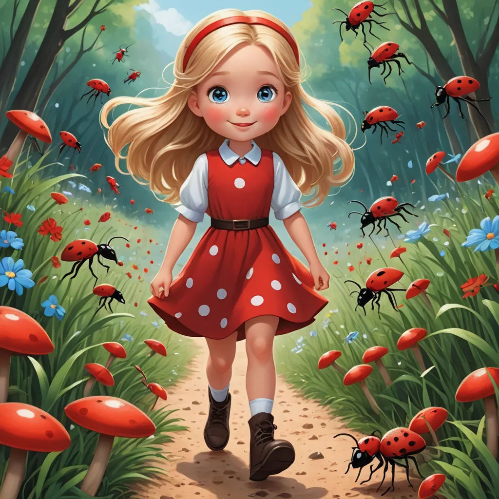 a little girl in a red dress walking through a forest with red bugs on it's back legs, pop surrealism, a storybook illustration, Alice Prin, storybook illustration