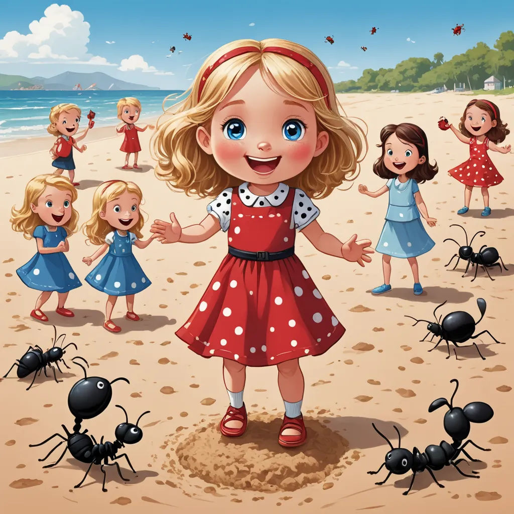 a cartoon girl standing on a beach surrounded by ants and other small children on the sand with a blue sky in the background, pop surrealism, a storybook illustration, Alice Prin, storybook illustration