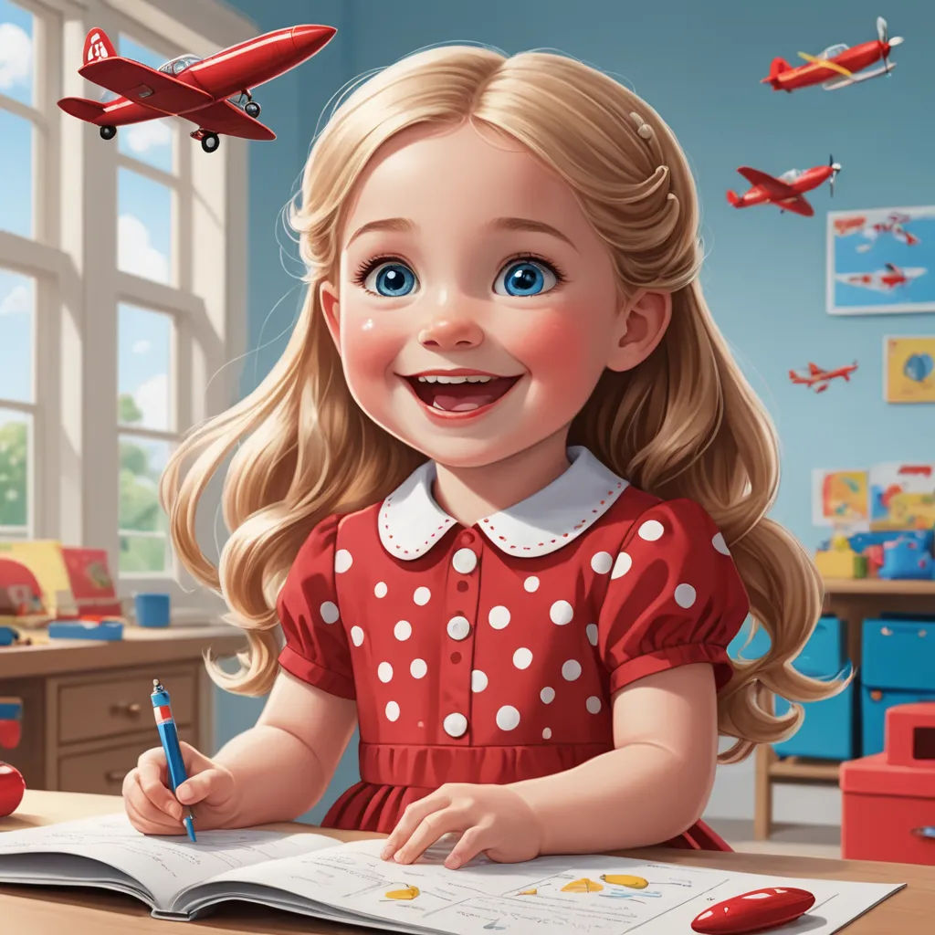 a cartoon girl is smiling while writing in a book with a plane flying overhead in the background and a red airplane in the sky, american scene painting, a storybook illustration, Bob Byerley, cgstudio