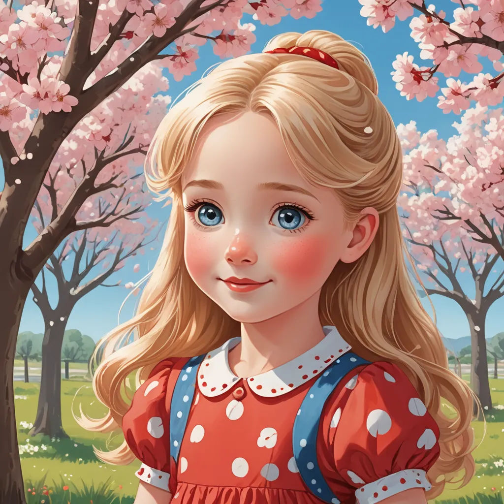 a painting of a little girl in a red dress standing in front of a tree with pink flowers and a blue sky, fantasy art, a storybook illustration, Alice Prin, cgstudio
