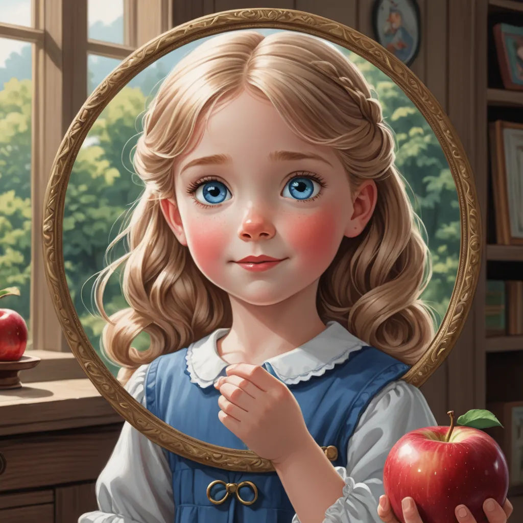 a painting of a little girl holding an apple in front of a mirror with an apple in front of her, fantasy art, an ultrafine detailed painting, Alice Prin, trending on art station