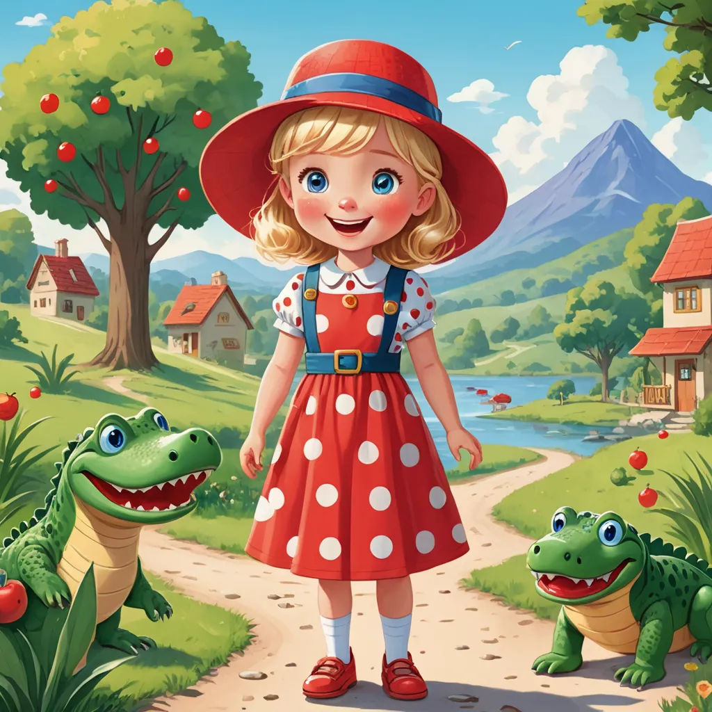 a girl in a red dress and a red hat standing in front of a frog and a house with a mountain in the background, naive art, a storybook illustration, Alice Prin, storybook illustration