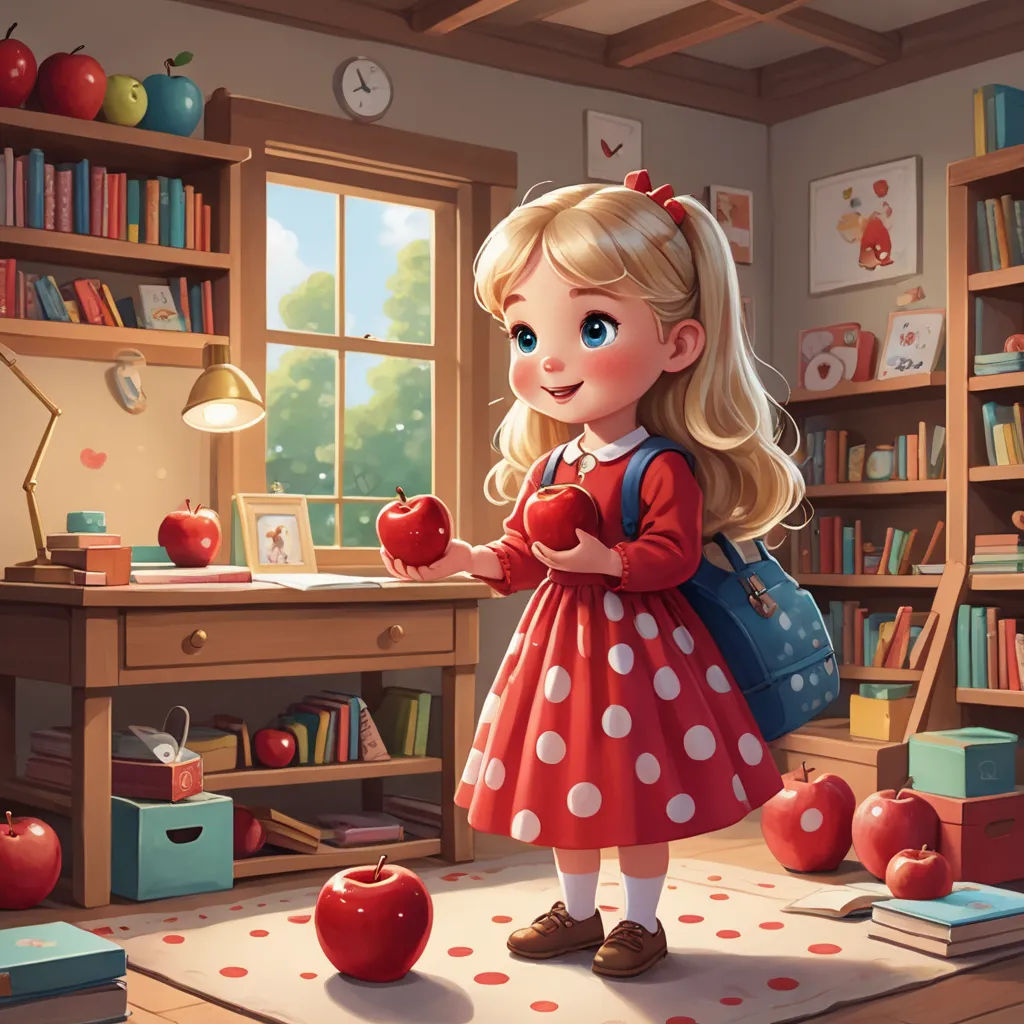 a little girl in a red dress holding an apple in a room with bookshelves and a desk, fantasy art, a storybook illustration, Chris LaBrooy, trending on art station