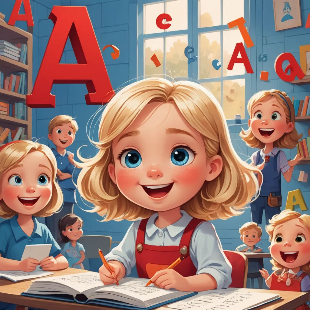 a girl is writing in a book with a group of children behind her and a large letter above her, art & language, a storybook illustration, artist, storybook illustration