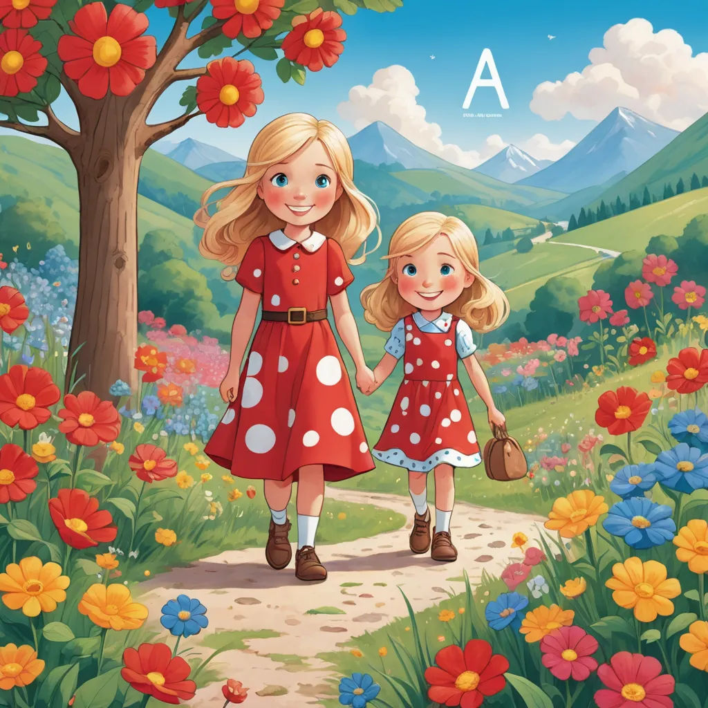 a mother and daughter walking through a flowery field with a mountain in the background illustration by alex macdoodle, art & language, a storybook illustration, Alice Prin, storybook illustration