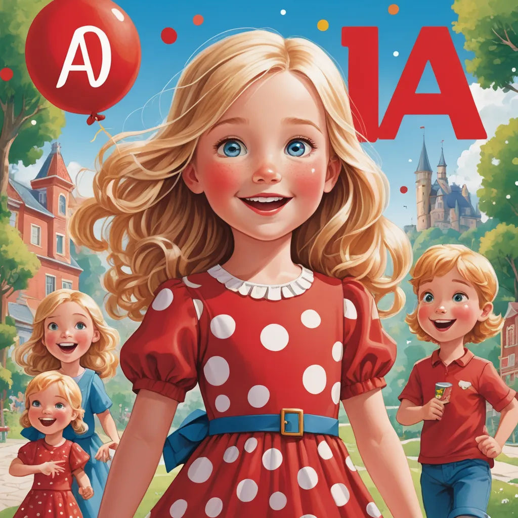 a girl in a red dress with her two children in front of her and a balloon with the letter a, art & language, a storybook illustration, Ada Hill Walker, comic cover art
