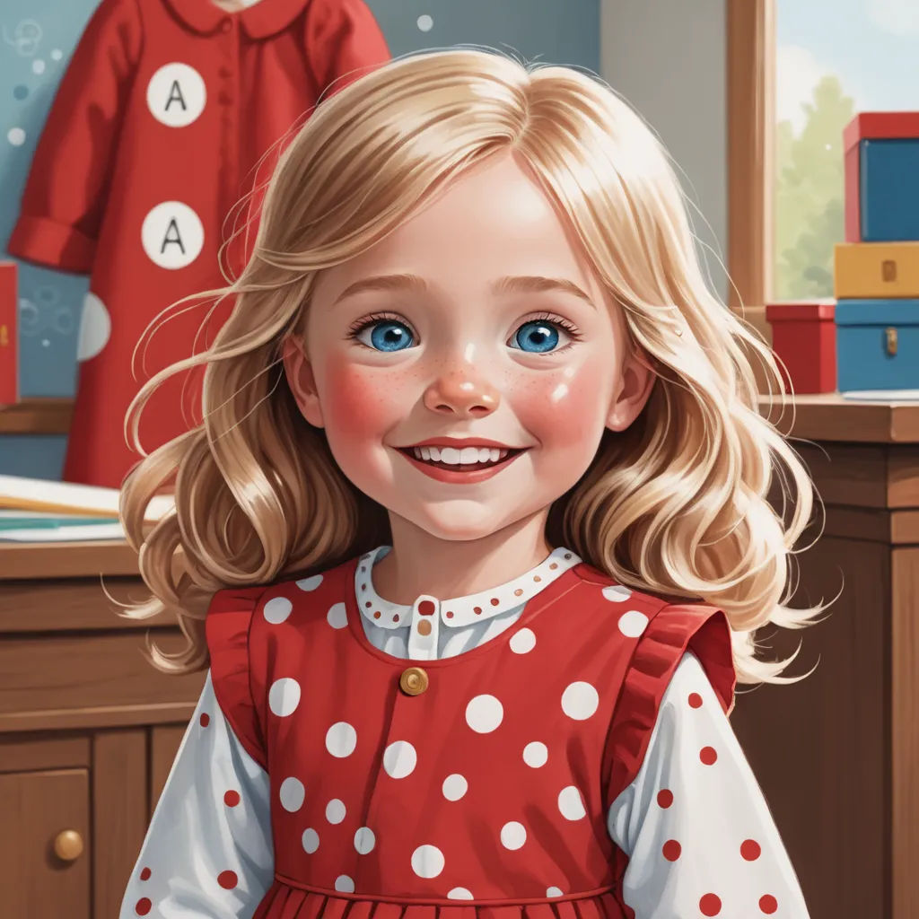 a painting of a little girl in a red dress smiling at the camera with a red dress on the background, photorealism, an ultrafine detailed painting, Bob Byerley, highly detailed digital painting