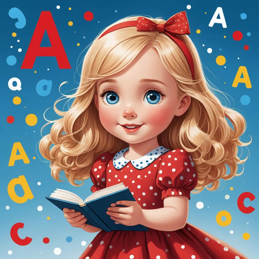 a little girl is reading a book with letters around her and a blue background with a red bow on her head, art & language, a storybook illustration, Alice Prin, storybook illustration