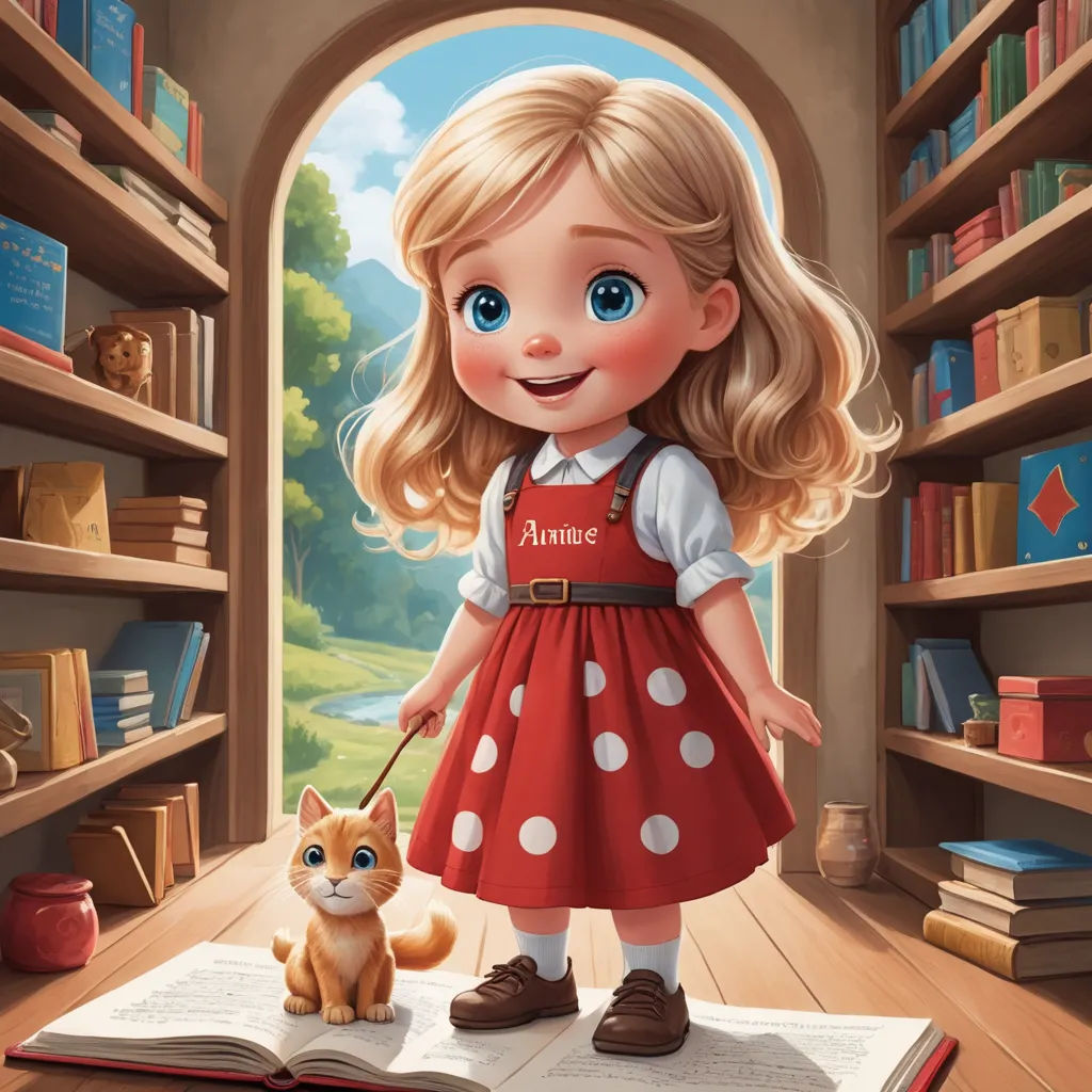 a little girl in a red dress is holding a cat and standing in front of a bookcase with a cat, fantasy art, a storybook illustration, Alice Prin, storybook illustration