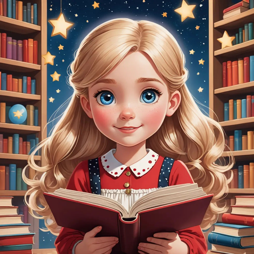 a girl reading a book in a library with bookshelves and stars in the background illustration by alex macdola, fantasy art, a storybook illustration, Alice Prin, storybook illustration