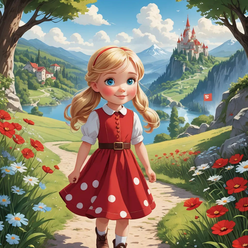 a painting of a little girl in a red dress walking down a path to a castle with a castle in the background, fantasy art, a storybook illustration, Alice Prin, storybook illustration