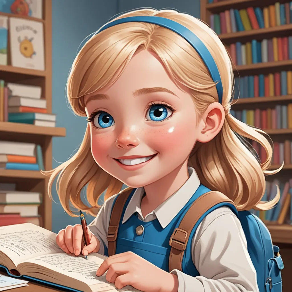 a cartoon girl is smiling while writing in a book in a library with bookshelves behind her and a bookcase full of books, academic art, a storybook illustration, Clarice Beckett, trending on art station