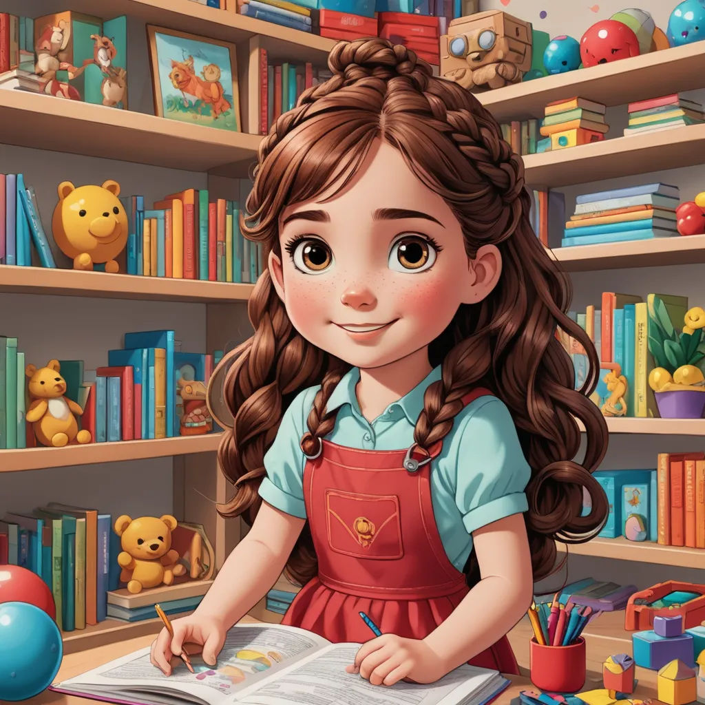 a girl is sitting at a desk with a book and a teddy bear in the background and a bookcase full of books, photorealism, a storybook illustration, Clarice Beckett, storybook illustration