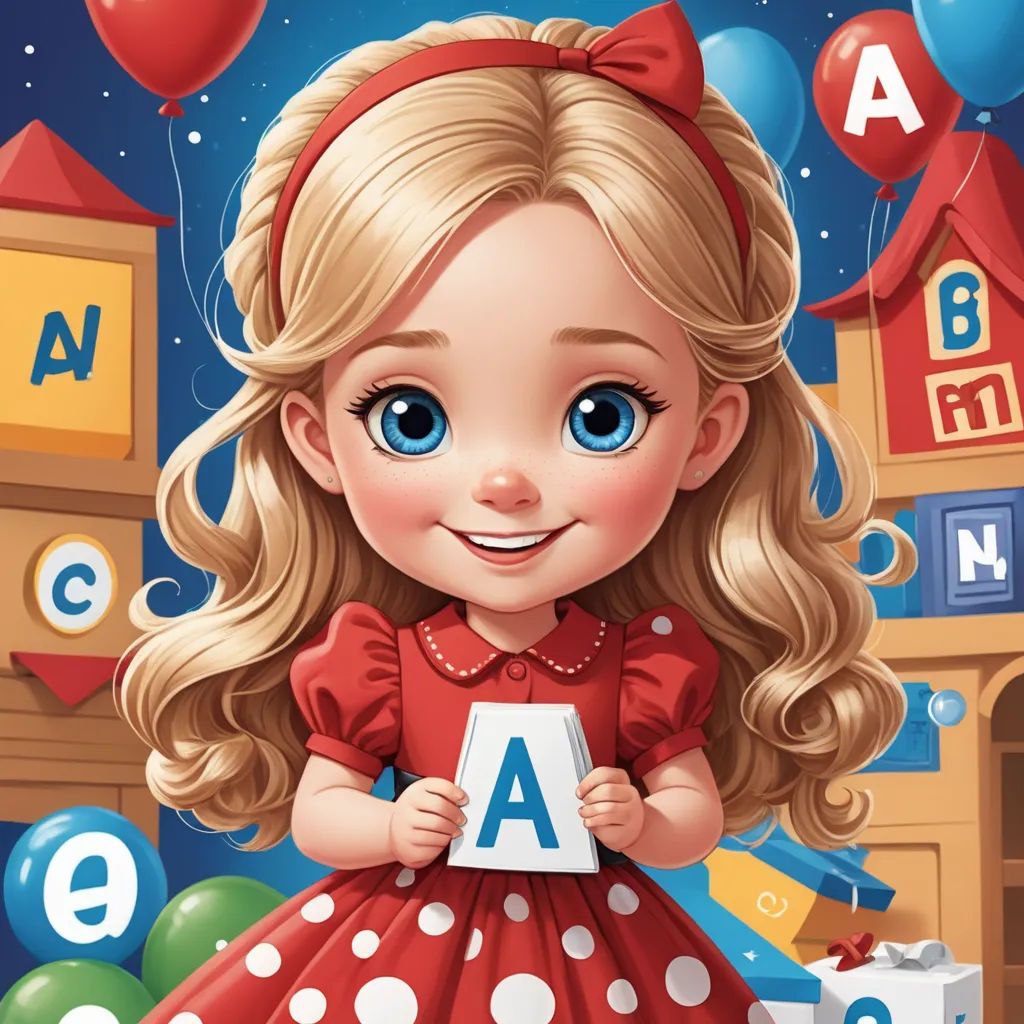 a cartoon girl holding a letter in front of a building with balloons and a castle in the background with a nametag, pop surrealism, a storybook illustration, Alice Prin, behance hd