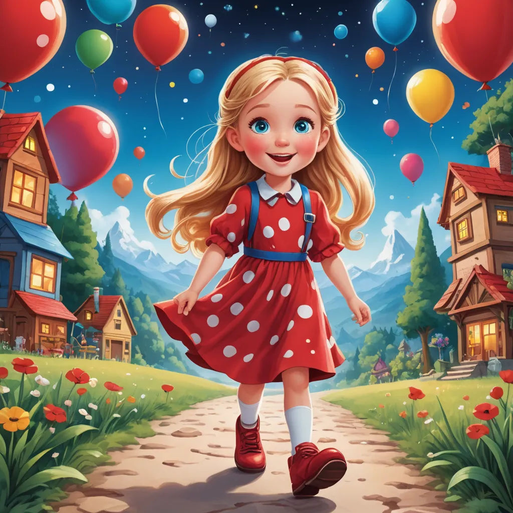 a cartoon girl in a red dress is walking down a path with balloons in the sky above her and a house in the background, naive art, a storybook illustration, Alice Prin, storybook illustration