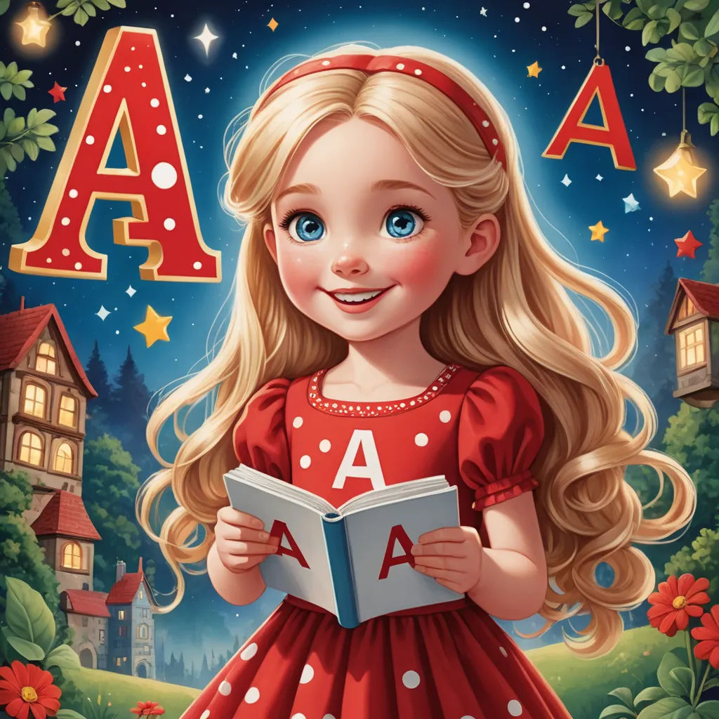 a girl in a red dress holding a book in front of a night scene with stars and a house, naive art, a storybook illustration, Alice Prin, storybook illustration