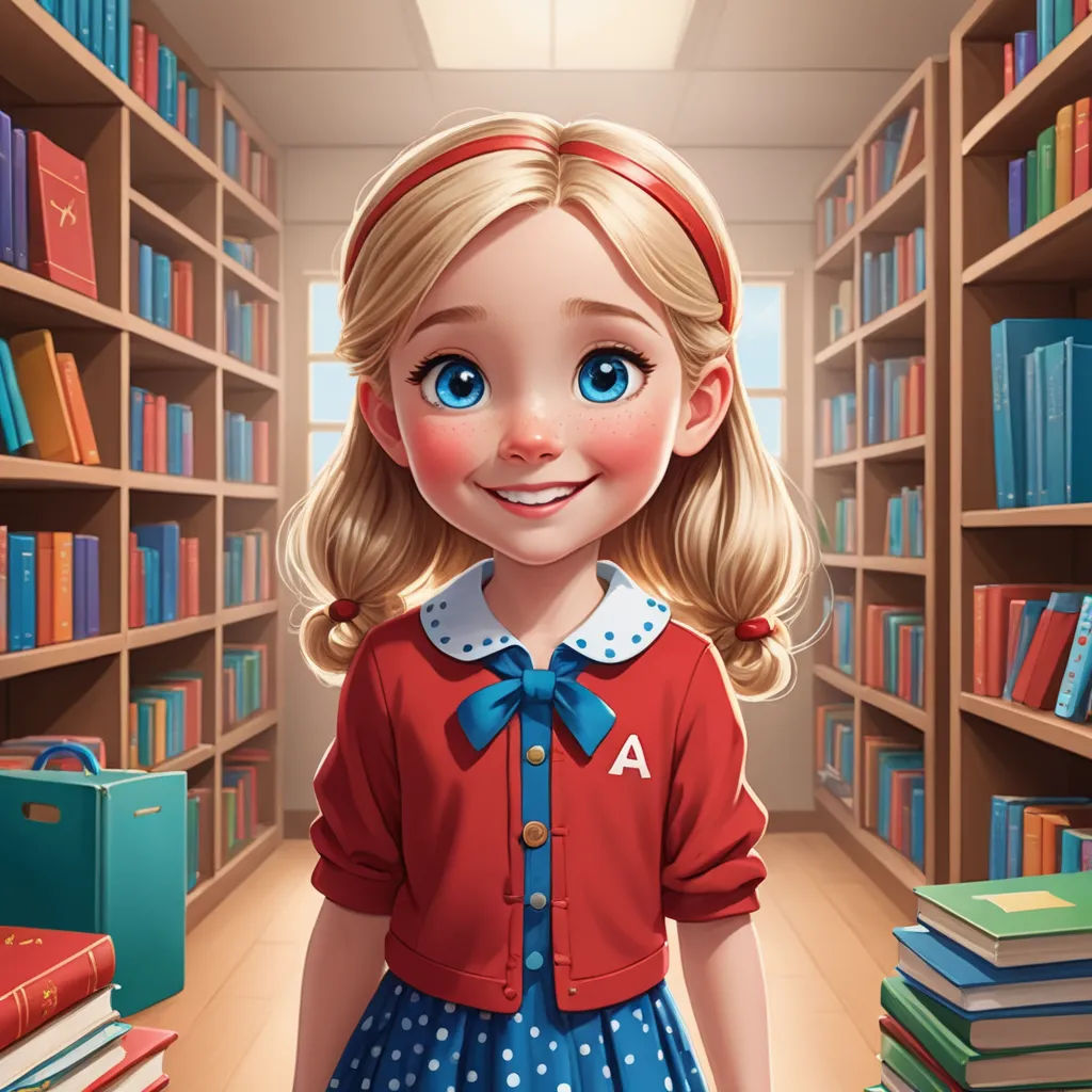 a cartoon girl standing in a library with books on shelves and a suitcase in front of her, and a bookcase behind her, american scene painting, a storybook illustration, Clarice Beckett, storybook illustration