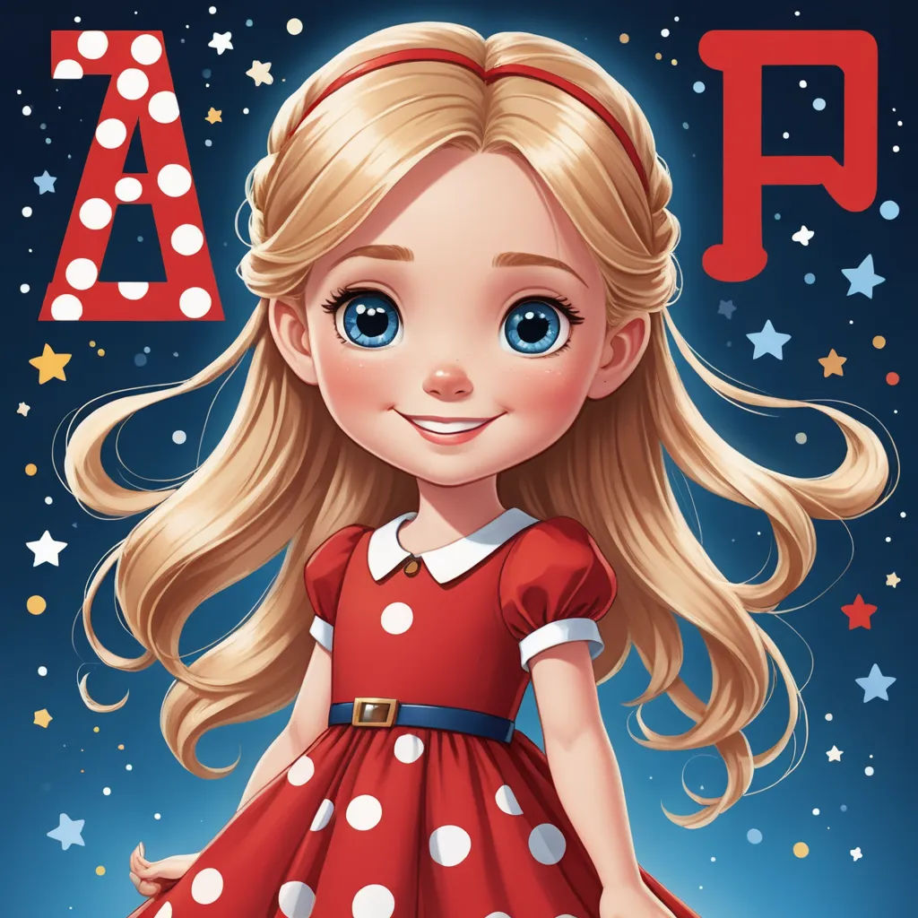 a cartoon girl in a red dress with a letter a on her chest and stars around her neck, and a red and white polka dot dress with a blue collar, pop surrealism, a character portrait, Alice Prin, behance hd