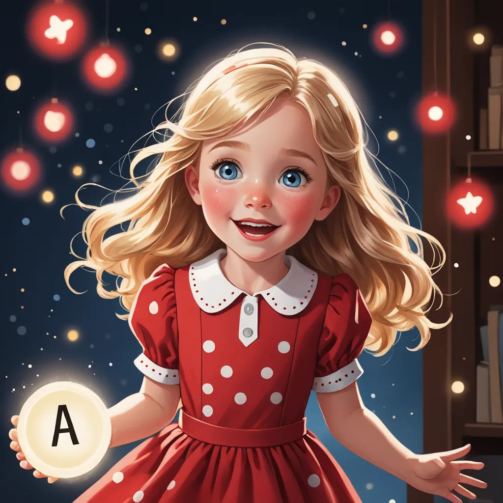 a painting of a little girl holding a ball in her hand and a bookcase in the background with red and white lights, art & language, a storybook illustration, Alice Prin, storybook illustration