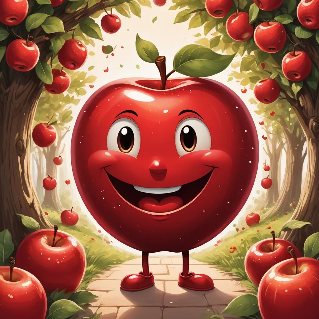 a cartoon apple with a happy face surrounded by apples in a forest with leaves and a path leading to it, pop surrealism, a storybook illustration, Chris LaBrooy, hi - fructose